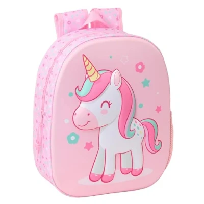 Image de safta Unicorn 3D Sac à dos d&#039;école, avec design 3D, adaptable au chariot, idéal pour les enfants de différents âges, confortable et polyvalent, qualité résistance, 27 x 10 33 cm, rose clair, M