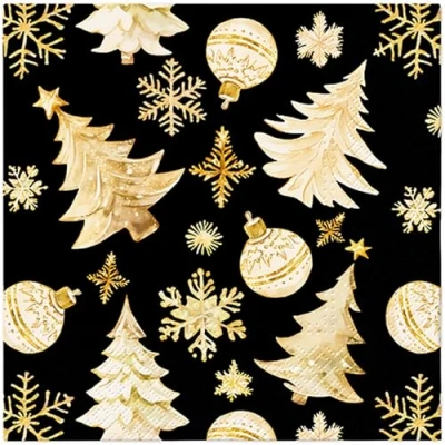 Image de Lot de 20 serviettes table Décorations Noël dorées sur noir en papier avec motif Convient également pour le découpage et la technique des 33 x cm