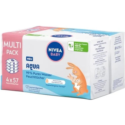 Image de NIVEA Baby Aqua Lot de 4 packs 57 lingettes humides pour bébé nettoyer en douceur les peaux sensibles, hypoallergéniques et sans parfum avec 99% d&#039;eau