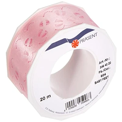 Image de Präsent C.E. Pattberg Ruban de décoration Double Face en Satin avec Motif imprimé Pied bébé Rose pâle 40 mm 20 m