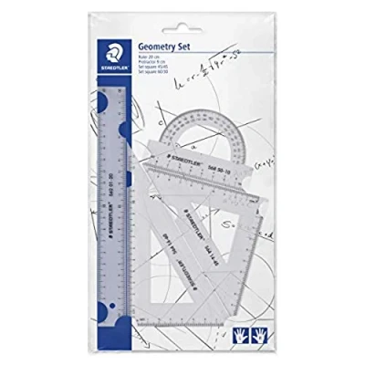 Image de Staedtler 569 Pb4 0 Mars, Set de Géométrie en Plastique avec 1 Règle 20 Cm, Rapporteur et 2 Équerres 60 45, sous Pochette