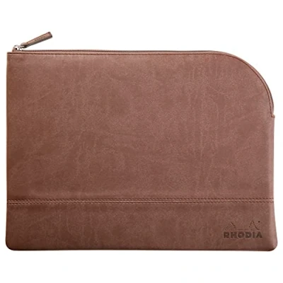 Image de RHODIA 116724C Pochette Zippée en Simili Cuir Chocolat Taille L (21 x 28 cm) Coutures Véritables Intérieur Tissu Orange Rangement Documents, Petites Fournitures