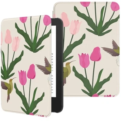 Image de MoKo Étui Compatible avec 6&quot; Kindle(11e Génération Version 2024/2022) &amp; Internationale, Coque Légère Réveil/Sommeil Automatique pour Liseuse Kindle 2024 11e Gén., Tulipe