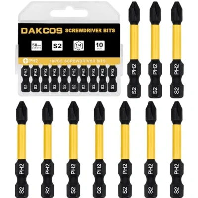 Image de DAKCOS PH2 Bit long, Torx PH2, assortiment d&#039;embouts en S2, embout de vissage 1/4 tige hexagonale (longueur : 50 mm, 10 pièces)
