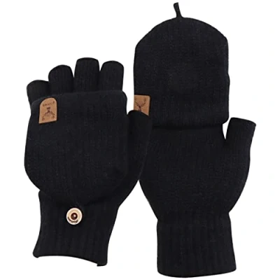 Image de VEGCOO Mitaine Femme Hiver Chaud, avec Couverture Demi doigts en Tricot Convertibles à Deux Formes (Noir 2)