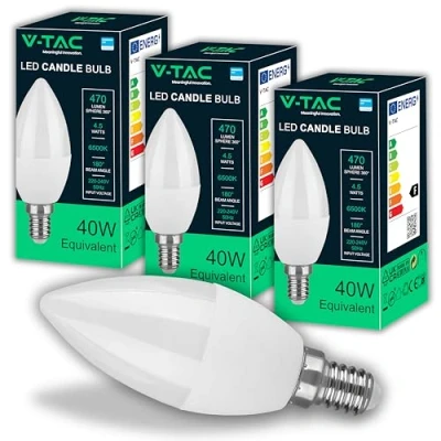 Image de V TAC 3x Ampoule Led Bougie E14, 4,5W (équivalent à 40W) 470 Lumen 6500K Blanc Froid Ouverture du faisceau lumineux 180 Efficacité Maximale et Économie d&#039;Énergie (Lot de 3)