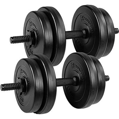 Image de MOVIT Lot d&#039;haltères courts 20 kg, poids avec revêtement plastique (4x2 kg + 4x2,5 kg), barre courte noire 45 cm 2 étoiles de serrage, poignées moletées, diamètre 25/26 mm