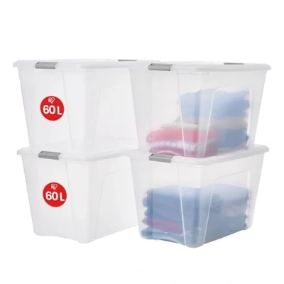Image de Iris Ohyama, Boite Rangement Plastique avec Couvercle, 60L, Lot de 4, Argent, Clips Fermeture, Poignée,Empilable, Organisation Solide &amp; Durable, pour Chambre, Dressing, Bureau, NTB 60