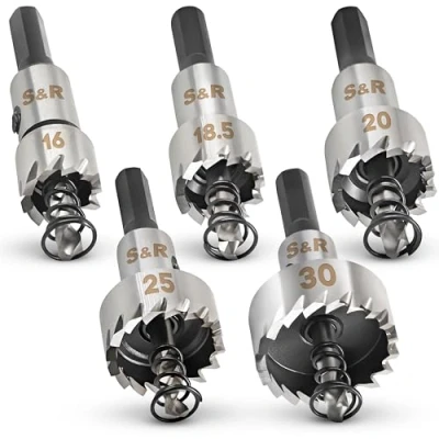 Image de S&amp;R Scie à Cloche Fraise Trépan Métal HSS Acier Cobalt. Coffret 5 Forets: 16 + 18,5 20 25 30 mm Cobalt, M35, HRC 6466 Queue 9,5