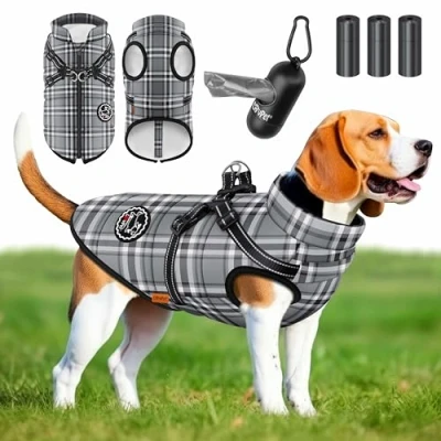 Image de Lovpet® Manteau pour Chien avec Harnais, 45 Sacs à déjections Canines + Distributeur, Gilet d&#039;hiver doublé imperméable, rembourré Sangle de Poitrine, réflecteurs, Anneau en D, Taille 2XL,
