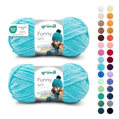 Image de Gründl laine Funny unie douce Pelote de Chneillle pour tricot et crochet 100% polyester Lot 2 pelotes (100 g/120 m, taille des aiguilles 5 6) Turquoise