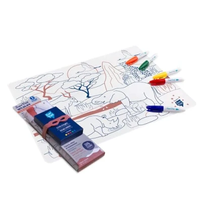 Image de SUPER PETIT Jeu éducatif Set De Table À Colorier coloriage thème Savane 5 Feutres Et Bracelet Fournis Facile à Nettoyer Réutilisable Antibactérien Partir 3 Ans