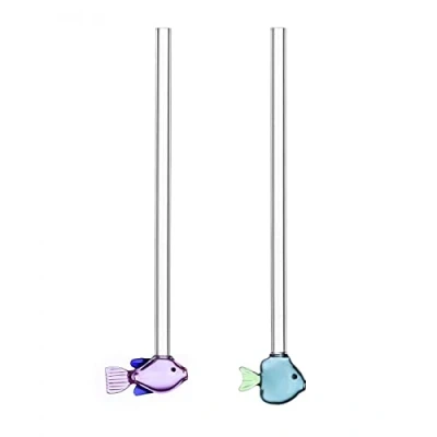 Image de Ichendorf Milano Lot de 2 pailles Poissons Lilas et Vert plus Brosse Collection Marine Garden H 20 cm Verre borosilicate Fait à la main