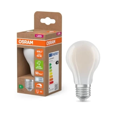 Image de OSRAM Energy Class en forme d&#039;ampouclassique, 3,8 W / 806 lm, EEK A, lumière blanc froid (4000 K), CRI 80, verre dépoli sans plomb, culot E27, IP20, diamètre 60 mm, dimmable.