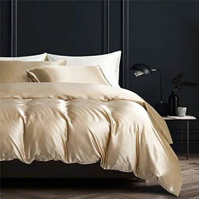 Image de Gezu Sets de Housse Couette 240x260cm Satin Or Beige Unie Parure Lit 2 Personnes Soie Lisse Soyeux Brillant Doux Linge Satiné avec Taies d&#039;oreiller 65x65cm Fermeture Éclair