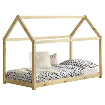 Image de [en.casa] Lit d&#039;enfant Solide Forme Maison Design Construction Robuste Capacité de Charge 50 kg Bois Pin 140 x 70 cm Naturel