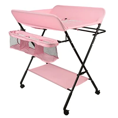 Image de Table à langer pliable avec paniers et matelas pour bébé roues,Table pliante portable étagère de rangement panier nouveau né 0 12 mois (80 * 66 98cm)