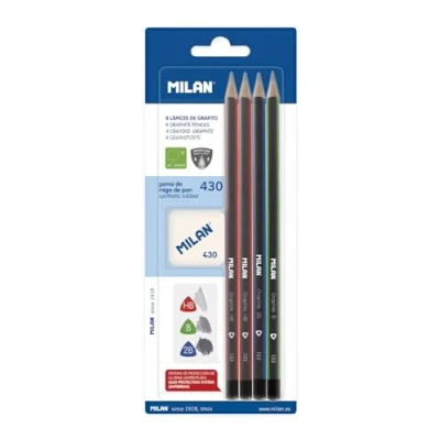 Image de MILAN Blister 4 crayons graphite triangulaires + gomme à effacer 430