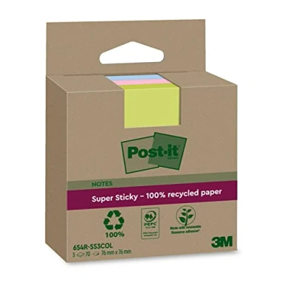 Image de Post it Super Sticky Notes entièrement recyclées, 3 Blocs, 70 Feuilles par Bloc, 76 mm x mm, Rose, Vert, Bleu Extra collantes Fabriquées à partir de Papier 100 % Recyclé