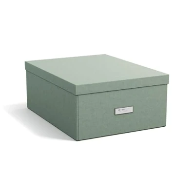 Image de Bigso Box of Sweden KATRIN Grande Boîte de rangement avec couvercle Organiseur stable en panneau fibres et papier aspect lin pliante pratique cadre pour étiquette Vert menthe