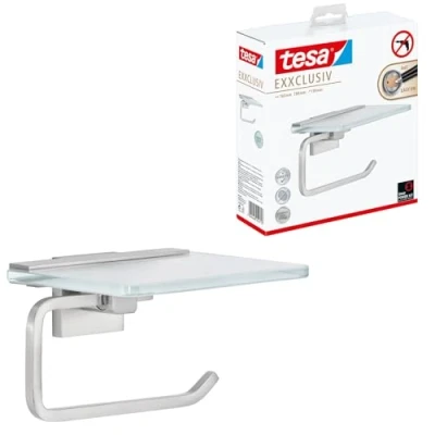 Image de Tesa 40472 Exxcellent porte serviettes 1 barre fixe, adhésif, chromé, design intemporel, garanti inoxydable, 50mm x 500mm 85mm Accessoire de salle bain, arrondie