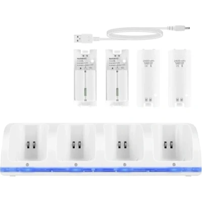 Image de SOONHUA Station de Charge Wii 4 en 1 Contrôleur avec Piles Rechargeables Et Indicateurs LED pour Télécommande Blanc