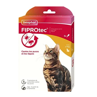 Image de BEAPHAR FIPROTEC 50 mg Solution spot on au Fipronil pour chats (&gt; 1 kg) Traite les infestations par puces Tue tiques présentes sur le chat en 48 h 6 pipettes de 0,5 ml