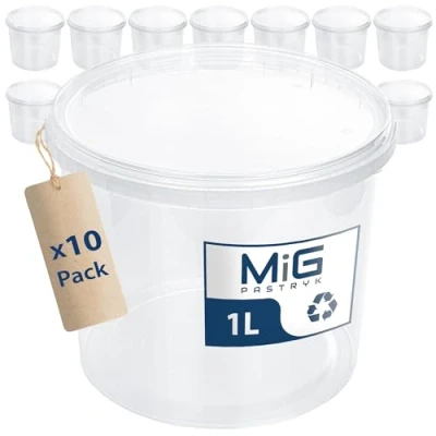 Image de MIG Seau transparent avec couvercle 1 l 10 x En plastique hermétique et adapté à un usage alimentaire Petits seaux empilables pour la maison l&#039;industrie Idéal