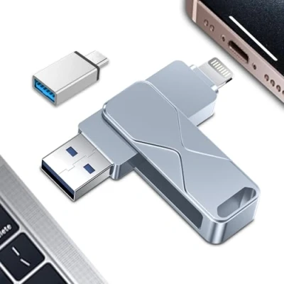 Image de Cle USB pour Phone 256Go clé Lightning 3.0 certifiée Mfi Photostick Pen Drive Stick Pendrive 3 en 1 iPhone/iPad/iOS/Android/Mac/PC (Gris, 256 Go)