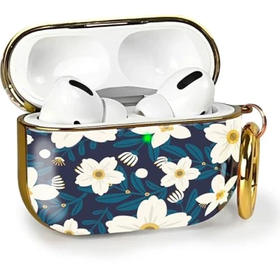 Image de MyGadget Coque [ Motif Floral ] Compatible avec Apple Airpods Pro (2019) Boîtier Recharge à Induction Case Mousqueton &amp; LED Visible Étui Bleu Foncé Blanc