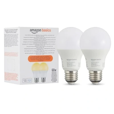 Image de Amazon Basics Lot de 2 ampoule LED intelligente A60 à intensité variable, E27, Wi Fi 2,4 GHz, 8.5 W Fonctionne uniquement avec Alexa, Blanc Doux