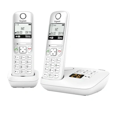 Image de Gigaset A695A Duo 2 téléphones DECT sans fil avec répondeur écran à haut contraste excellente qualité audio profils sonores réglables fonction mains libres, protection des appels, blanc