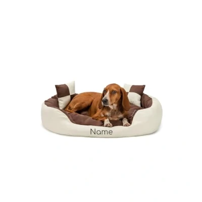 Image de lionto Lit pour Chien 4 en 1 avec Coussin réversible, 85x70 cm, Animaux de Compagnie Toutes Tailles résistant aux griffures entrée Basse, Marron/Beige (avec nom imprimé)