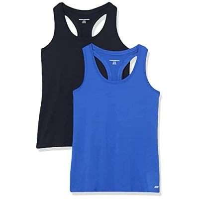 Image de Amazon Essentials Débardeur Tech Extensible À Dos Nageur (Disponible en Grande Taille) Femme, Lot de 2, Bleu Vif/Noir, M