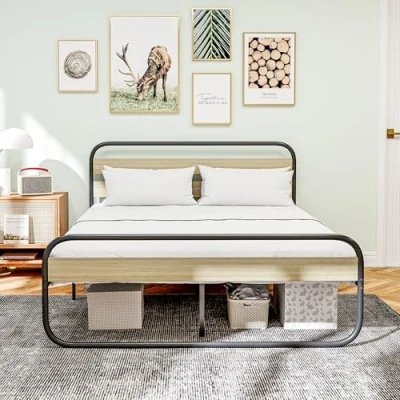 Image de HOMCOM Cadre de lit Double 160 x 200 cm 2 Personnes Style Industriel avec Rangement sous Le lit, sommier, tête et Pied Montage Facile, en Bois Acier, Aspect