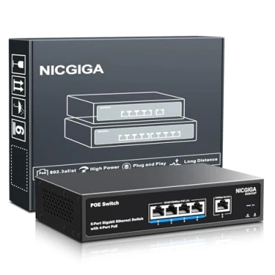 Image de Commutateur PoE Gigabit 4 Ports Non administré avec IEEE802.3af/at @78W, 1 x 1000Mbps Uplink, NICGIGA 5 Port Network Power Over Ethernet Switch, VLAN Mode, Desktop/Wall Mount.