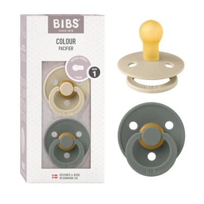 Image de Tétine BIBS Colour. Lot de 2 sucettes. Sans bisphénol A, Téterelle symétrique. Latex caoutchouc naturel, Fabriqué au Danemark, Taille 1 (0 6 mois), Vanilla/Pine