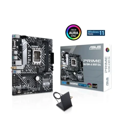 Image de ASUS PRIME H610M A WIFI D4 Carte mère Intel H610 LGA 1700 mic ATX (PCIe 4.0, DDR4, 2 x M.2, 1 Gb Ethernet, 5, DisplayPort, HDMI, D Sub, ports USB 3.2 Gen 2, SATA 6 Gb/s, Aura Sync RGB)