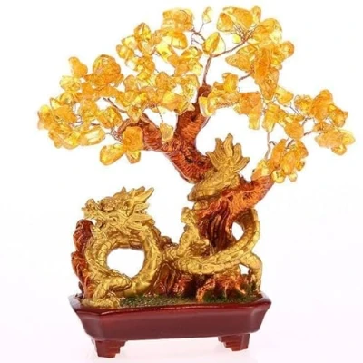 Image de lachineuse Arbre Dragon en Citrine Jaune Feng Shui 19 cm Décoration Asiatique Japonais de Fortune avec Doré Déco Pierres Précieuses Objet Japon Zen