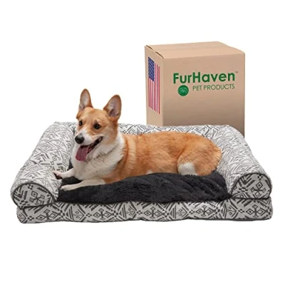 Image de FurHaven Grand Coussin pour Chien en Peluche à Motif décoratif sud Ouest de Style Sofa avec Housse Amovible Lavable Gris Moellon, Taille L
