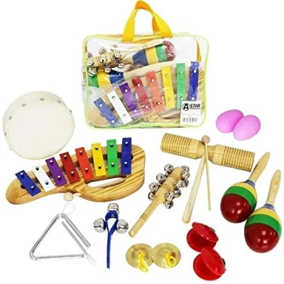 Image de A Star Coffret cadeau de 13 instruments musique à percussion avec sac rangement, xylophone et shakers inclus, mini groupe amusant pour débutants