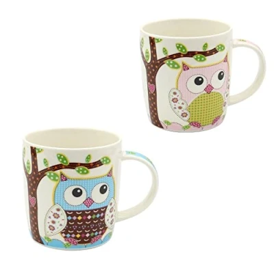Image de Dekohelden24 Lot de 2 tasses à café en porcelaine Motif hiboux multicolores Bleu/rose Dimensions (H x Ø: 9,5 8,5 cm, capacité 350 ml, passe au lave vaisselle