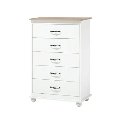 Image de Commode de Type Chiffonnier Blanc avec Plateau Imitation Bois Composé 5 Tiroirs aux Motifs Différent Design Moderne 117 cm Hauteur Beliani