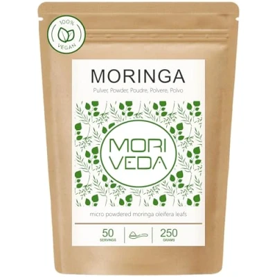 Image de Moringa en poudre 250g vegan et sans gluten la de feuilles microfine oleifera vitamines protéines acides aminés micronutriments avec une biodisponibilité maximale par MoriVeda 1x250g