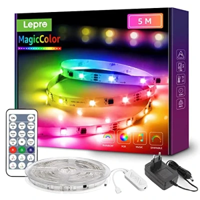 Image de Lepro Ruban LED 5M MagicColor avec Télécommande, Kit de Bande Music Sync 6 Modes 5050 SMD 150 LEDs, Adhesive pour Fête Mariage Soirée Décoration