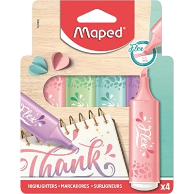 Image de Maped 4 Surligneurs FLEX Pastel Pointe Biseautée et Flexible Longue Durée pour Usage Scolaire, Lettering, Bullet Journal Professionnel Couleurs Aléatoire