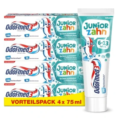 Image de Odol med3 Lot de 4 dentifrices dentifrice junior pour enfants à partir 6 ans protéger les dents lait et permanentes, x 75 ml
