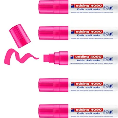 Image de edding 4090 Marqueur craie liquide rose fluorescent 5 feutres 4 15 mm feutre effacable pour écrire sur les vitres,le verre ardoise aux couleurs opaques