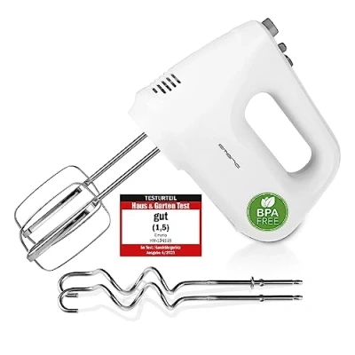 Image de EMERIO HM 124178 Batteur électrique avec 6 vitesses 250 W et bouton turbo Fouet extra long + crochet pétrisseur en acier inoxydable (passe au lave vaisselle) Sans BPA