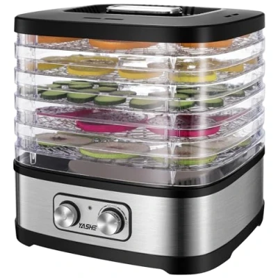 Image de YASHE GGJ 261A Déshydrateur Alimentaire, 5 Plateaux Réglables en Hauteur, Contrôle de la Température 35 à 70C, Deshydrateur 240 Watts pour Fruits et Légumes, Sans BPA